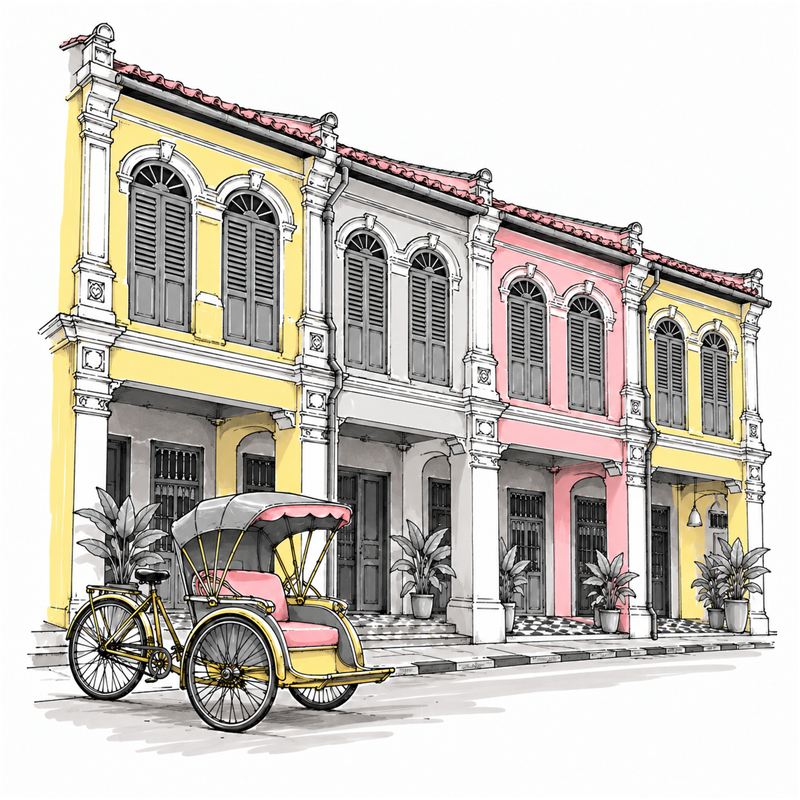 Illustration of a Penang street with shophouses