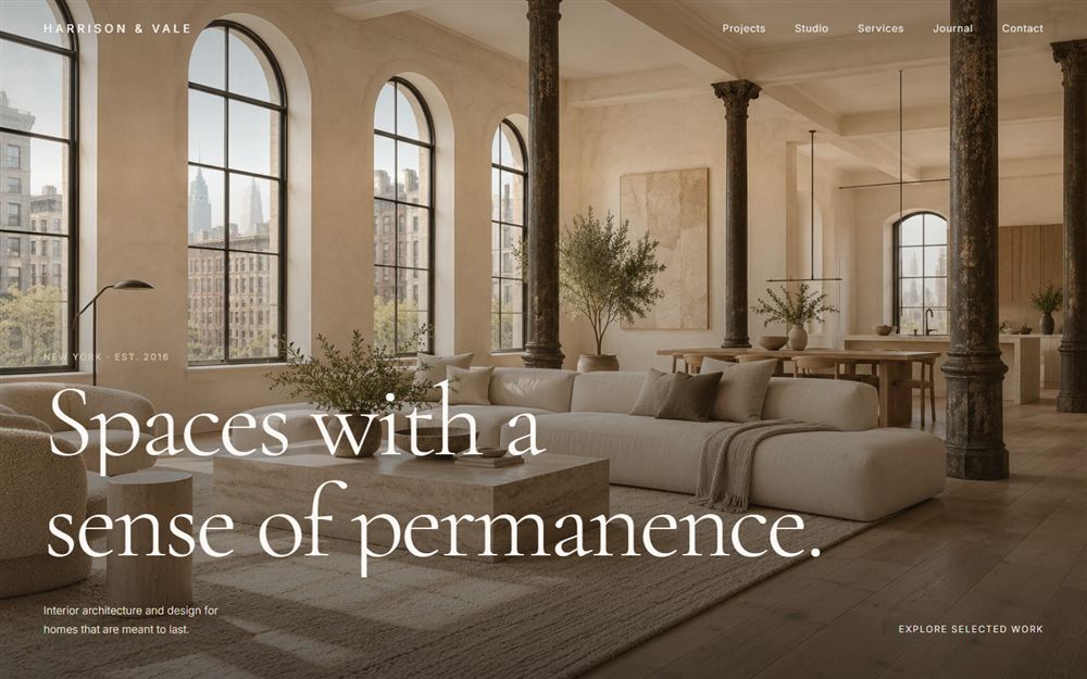 Harrison and Vale homepage: a warm New York loft interior with the headline Spaces with a sense of permanence.