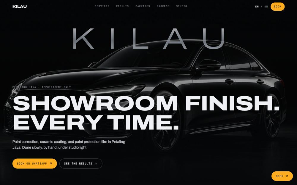 Kilau Detailing homepage: a black car under studio light with the headline Showroom finish. Every time.