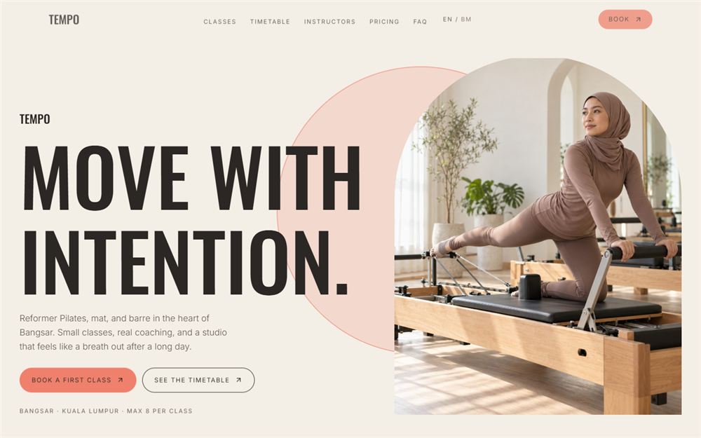 Tempo Pilates homepage: the headline Move with intention beside a woman on a reformer in a bright studio.